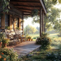 Obraz premium A serene wooden porch with rocking chairs surrounded by lush greenery and blooming flowers, capturing the essence of relaxation and a peaceful rural lifestyle.