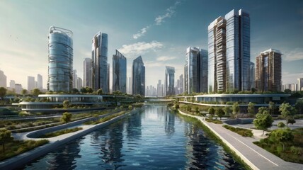 Obraz premium A futuristic cityscape where innovative water conservation technologies are in use, showcasing how urban areas can thrive sustainably with water management