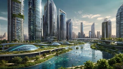 A futuristic cityscape where innovative water conservation technologies are in use, showcasing how urban areas can thrive sustainably with water management