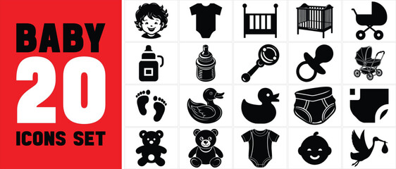 Baby Icon Set,Cute Black Silhouette Vector Pack for Baby Care, Toys, and Accessories,baby silhouette icons Set