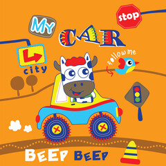 Playful cartoon cow driving a colorful car on a road to the city with traffic signs and a bird companion. Children's transportation adventure concept
