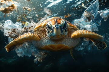 Obraz premium Sea turtle swimming in plastic waste bag in ocean showing environmental impact on marine life