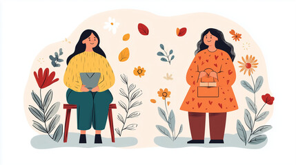 Minimalist illustration of women exchanging gifts amid stylized floral elements in warm earthy tones