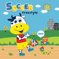Playful cartoon cow playing soccer freestyle in a park with a bird and worm watching. Children's sports activity concept
