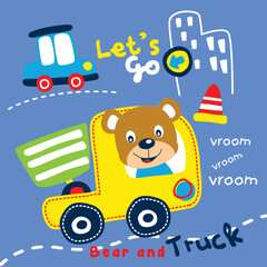 Playful cartoon bear driving a yellow truck through the city with road signs and buildings. Children's transportation concept
