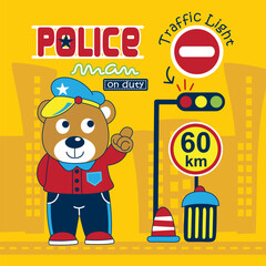 Playful cartoon bear police officer directing traffic with a speed limit sign and traffic light in the city. Children's law enforcement concept
