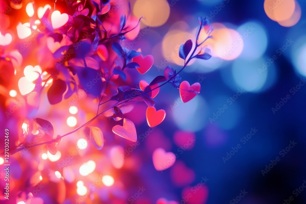 Poster vibrant heart shapes on a branch surrounded by colorful bokeh lights creating a romantic atmosphere 