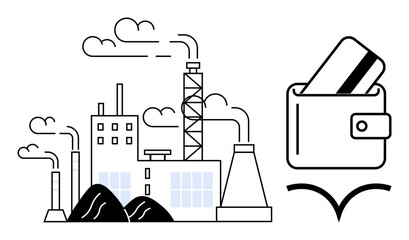 Industrial factory with chimneys emitting smoke plus wallet with card highlighting commerce. Ideal for business, finance, industry, economy, trade, manufacturing, financial transactions. Line