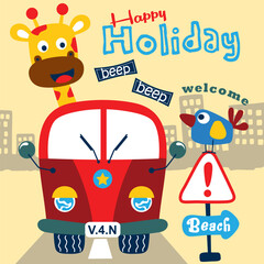 Playful cartoon giraffe riding in a red van on a holiday road trip to the beach. Children's vacation travel concept
