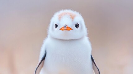 Fototapeta premium Fluffy baby penguin chick looks directly at the camera in a soft natural outdoor environment during daytime.