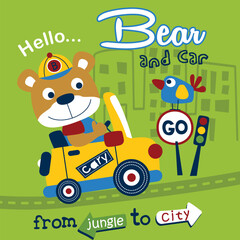 Playful cartoon bear driving a car from the jungle to the city with a bird and traffic light. Children's travel adventure concept
