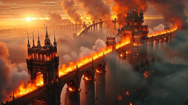 Fiery sunset over a grand, burning bridge with a castle, surrounded by smoke and clouds