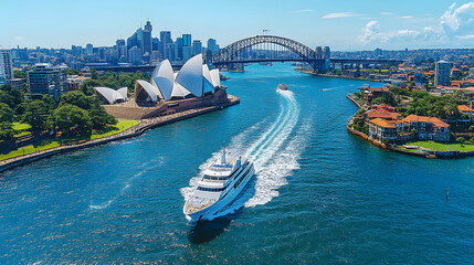 A large cruise ship is sailing through the water near a city