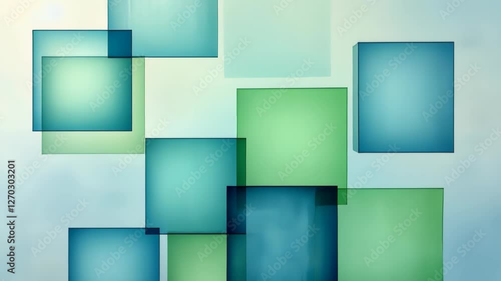 Poster abstract art with overlapping translucent squares in cool tones, minimalist geometric design with gr