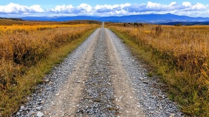 Fototapeta premium Country road through autumnal field, mountains in the distance. Possible use Stock photo for travel, nature, scenery