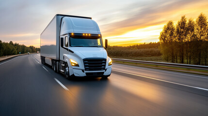 Obraz premium self driving truck on highway at sunset, showcasing advanced technology and efficiency