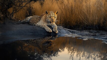 Leopard resting on a rock by a polluted waterhole in a river environment
