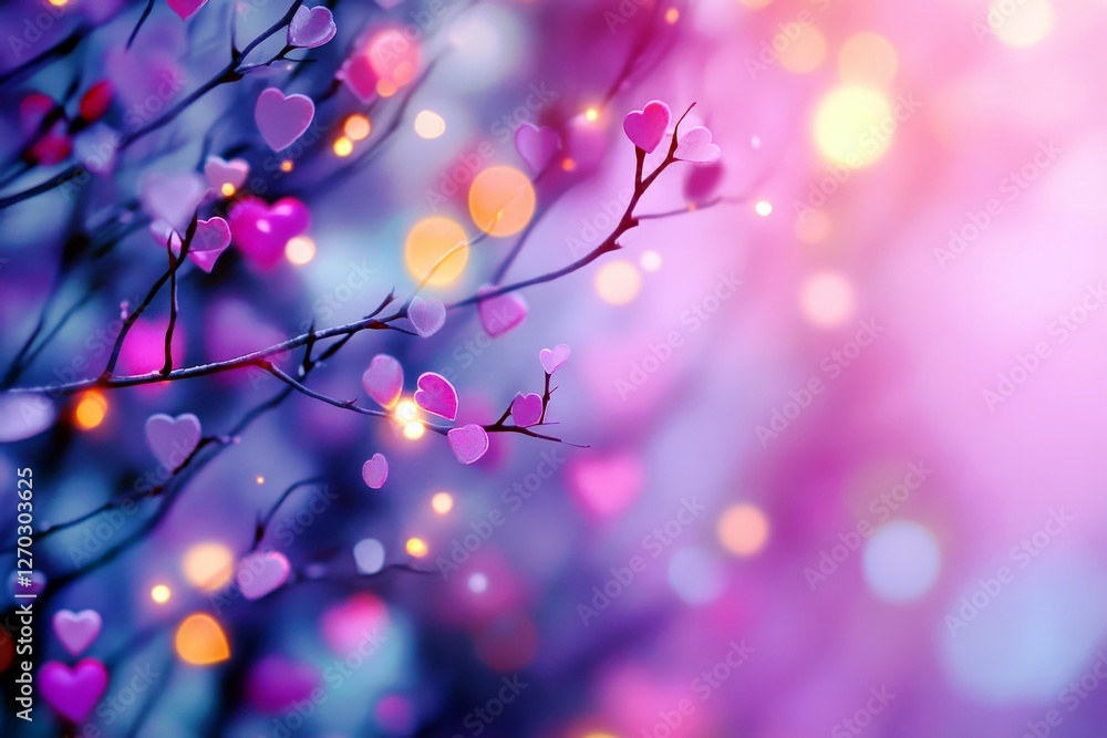 Poster colorful abstract background with heart shapes and bokeh lights creating a dreamy, romantic atmosphe