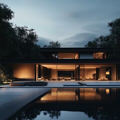 Fototapeta premium A modern house illuminated at dusk, showcasing sleek lines and large glass windows reflecting in a serene pool, surrounded by lush greenery, embodying contemporary architectural be