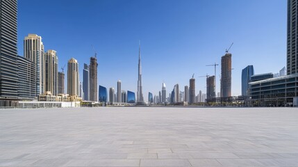 A large plaza with distant skyscrapers. Featuring opportunity and tranquility