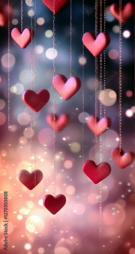 Aufkleber charming red hearts hanging on strings with a beautiful bokeh background for romantic and decorative