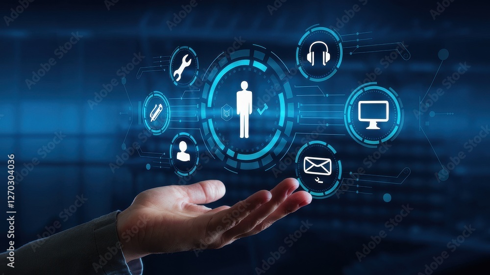 Poster hand holding futuristic interface displaying customer support and services