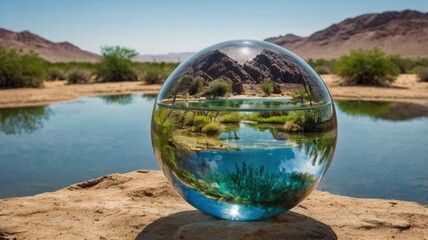 glass Globe with a serene landscape featuring a lush oasis surrounded by desert, emphasizing the contrast between water abundance and scarcity