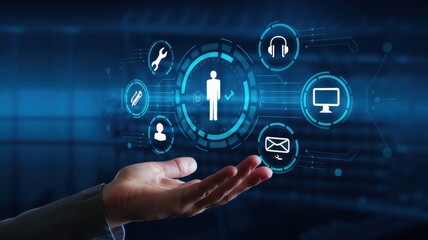 Naklejka premium Hand holding futuristic interface displaying customer support and services