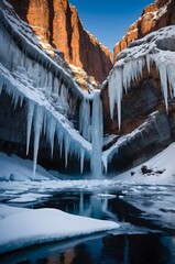 Majestic Frozen Waterfall and Icicles in a Snowy Canyon: Serene Winter Landscape with Rock Formations and Rugged Beauty