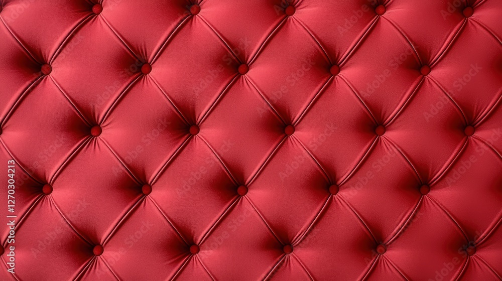 Poster a close-up of a textured, tufted red fabric, showcasing a pattern of diamond shapes and buttons.