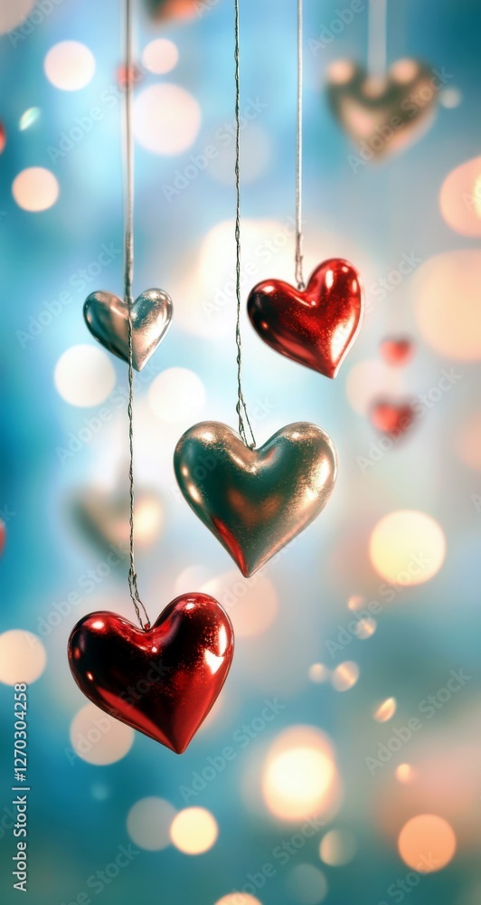 Aufkleber beautifully hanging red and silver hearts on strings with a soft blurred background and sparkling bo