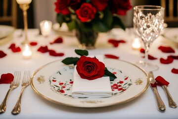 Elegant table setting with red roses and romantic ambiance featuring fine china, candles, and rose petals for intimate dining experience or special occasion
