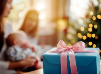 A blue gift box with a pink ribbon, placed on the table in front of a young woman .