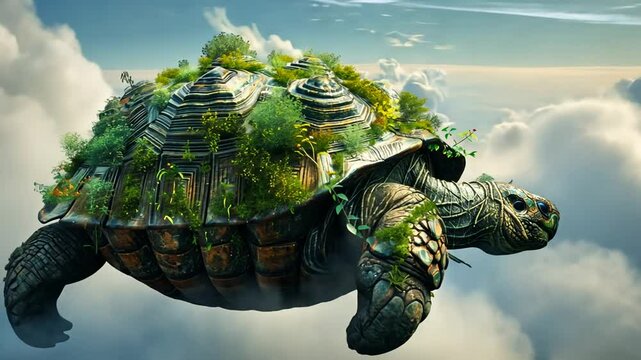 Giant turtle soaring through clouds, adorned with lush greenery and ancient structures, symbolizes nature's resilience
