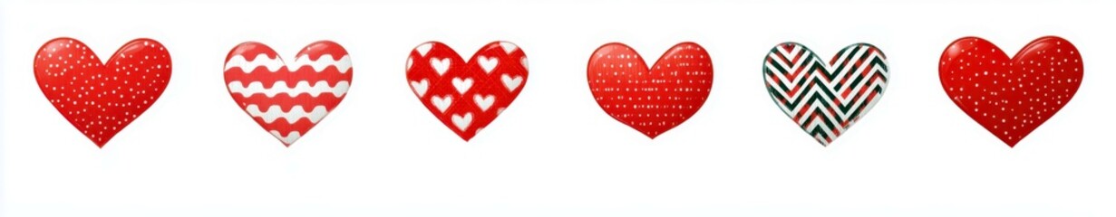Fototapeta premium Decorative Hearts Collection with Various Patterns in Red, White, and Green for Celebrations, Holidays, and Romantic Themes