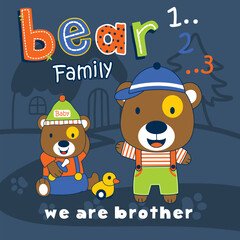Playful cartoon bear brothers spending time together with a toy duck in a warm family setting. Children's family concept
