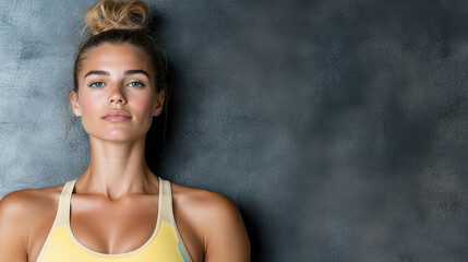 Obraz premium Athletic woman in vivid sport bra posing confidently against dark wall