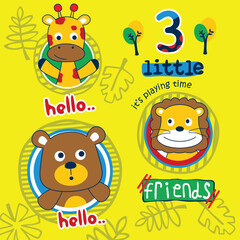 Playful cartoon giraffe, bear, and lion as three little friends in a fun design. Children's friendship concept
