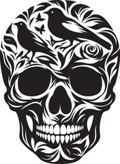 Ornate skull with birds and floral design.