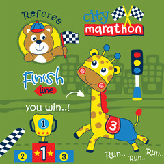 Playful cartoon giraffe running in marathon race with bear referee. Children's sports concept
