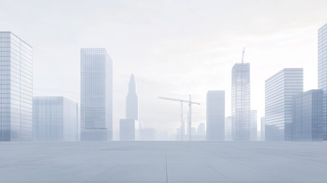 A large plaza with distant skyscrapers. Featuring serenity and potential