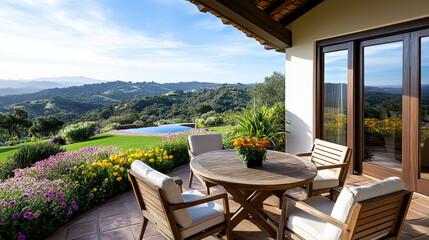 Obraz premium Serene patio with blooming flowers and stunning mountain views