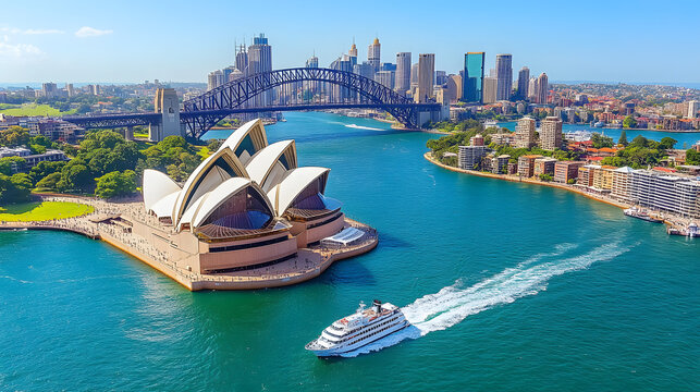 A large cruise ship is sailing through the water near a city