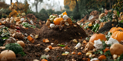 Autumn Harvest Compost: A rich compost pile with colorful pumpkins and seasonal gourds, set amidst a vibrant autumnal landscape, showcasing the cycle of nature and the beauty of decomposition.