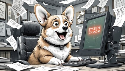 Corgi Dog Working at Computer with System Error in Office