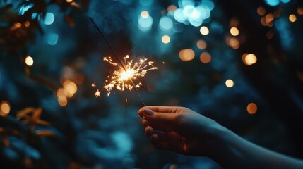 A person holding a sparkler in a dimly lit forest, surrounded by glowing bokeh lights, creating a magical atmosphere perfect for celebrations and festive gatherings