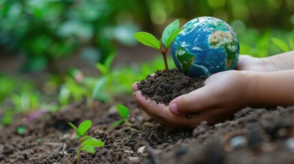 Hands Holding Seedling and Globe Symbolizing Environmental Conservation