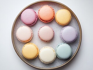 Colorful Macarons on Plate Overhead View Delightful Confectionery Treats