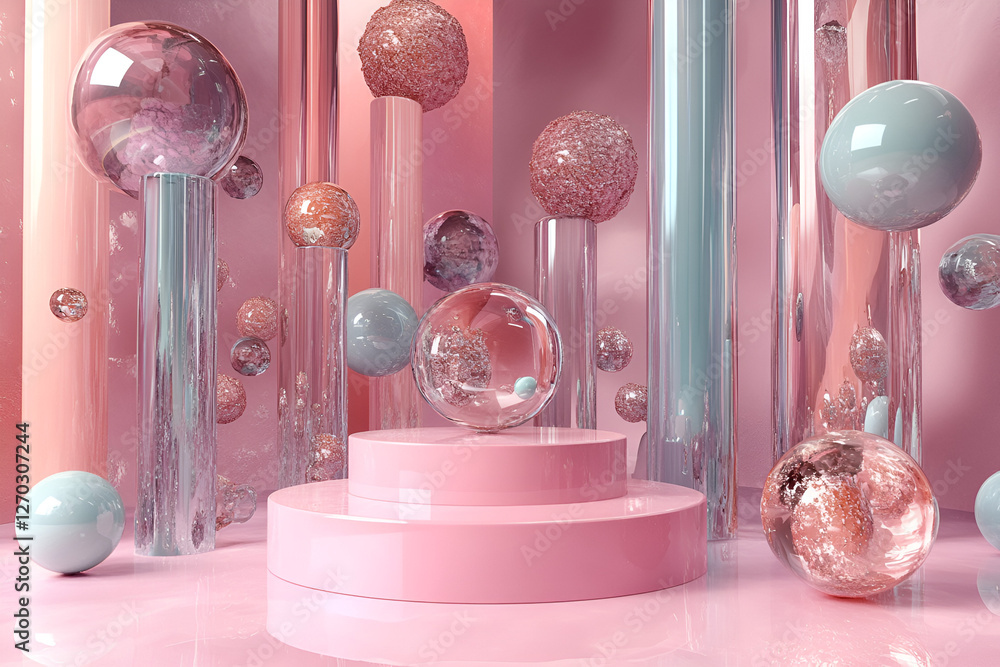 Poster abstract 3d display: a mesmerizing 3d rendering of a podium-like display, awash in pastel hues and a