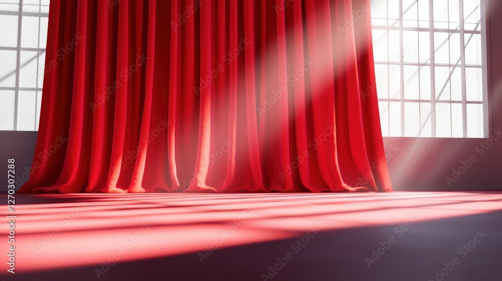 Poster a vibrant red curtain with light streaming through a window, creating an inviting atmosphere, perfec